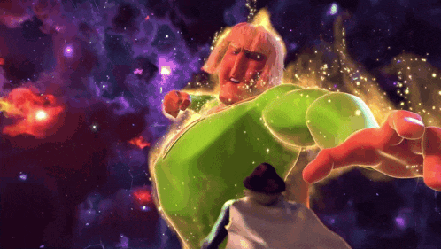 a cartoon character in a green suit is surrounded by purple and red lights