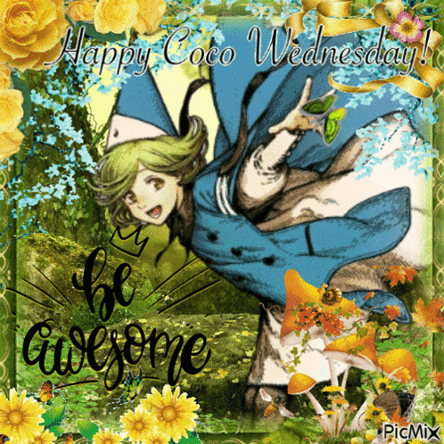a happy coco wednesday card with a picture of a girl in a blue dress
