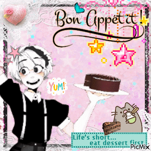a picture of a girl holding a tray with a cake on it and the words bon appetit