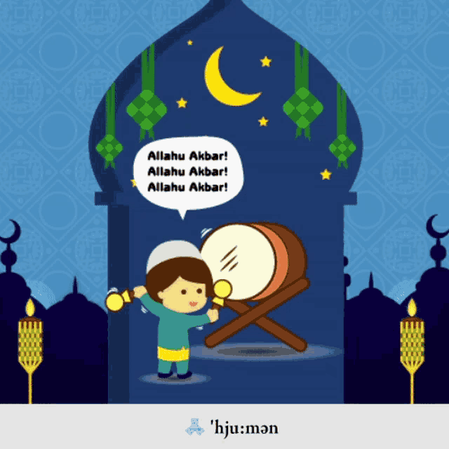 a cartoon of a boy playing a drum with a speech bubble that says " allahu akbar "