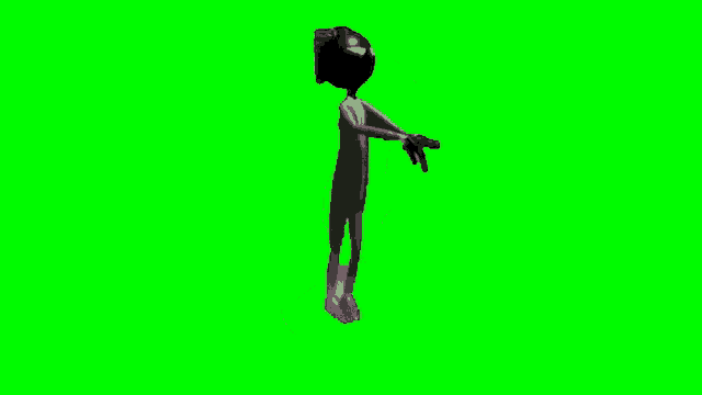 a cartoon character is standing on a green screen and looking at the camera .