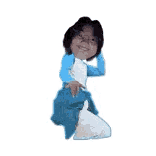 a woman in a blue dress and glasses is dancing with her hands outstretched .