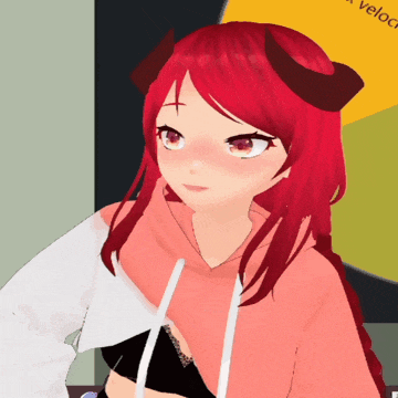 a girl with red hair and horns is wearing a hoodie