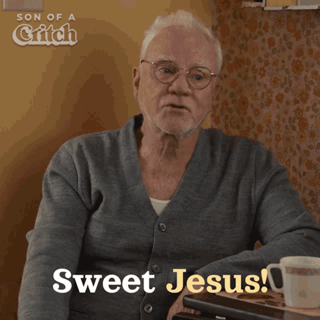 an elderly man says sweet jesus in a son of a grifch ad