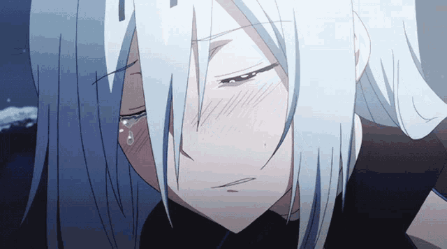 a girl with long white hair is crying with a tear running down her cheek