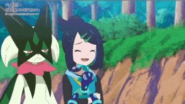a cartoon of a girl and a monster with chinese writing on the bottom right
