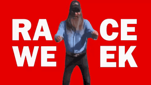 a man with a beard is dancing in front of a red background that says race week