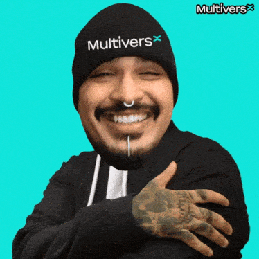 a man wearing a black beanie that says multivers on it
