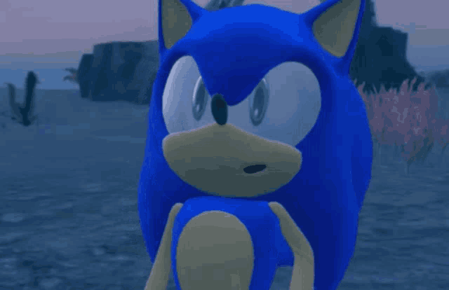a blue sonic the hedgehog standing in the water with a surprised look on his face