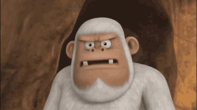 a cartoon yeti with a beard and teeth looks angry