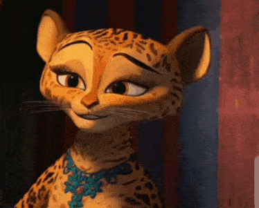 a close up of a cartoon leopard wearing a blue necklace and smiling .