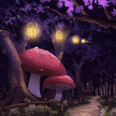 a painting of a forest with mushrooms and trees