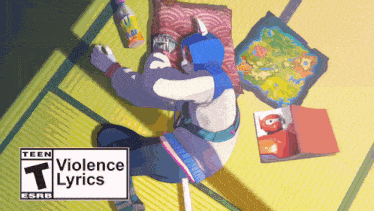 a cartoon of a person laying on a mat with a teen violence lyrics sign above them