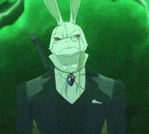 a white rabbit in a suit with a sword