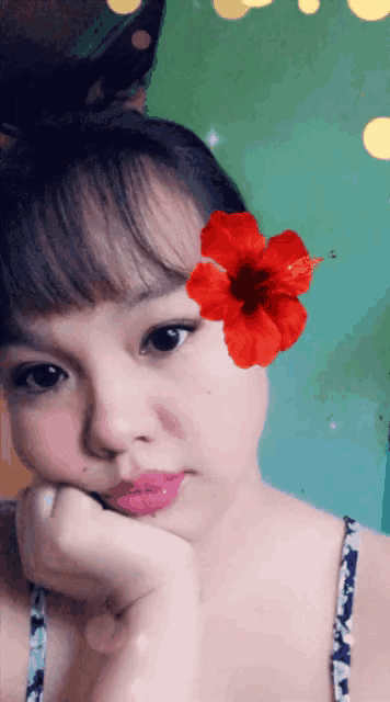 a woman with a red flower in her hair looks at the camera