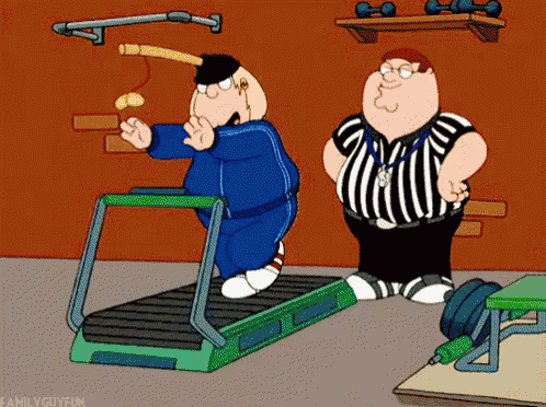 a cartoon of peter griffin running on a treadmill while a referee watches