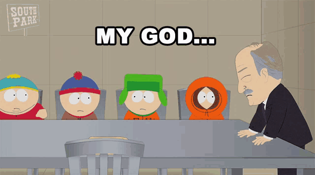 a group of south park characters sitting around a table with a sign that says south park
