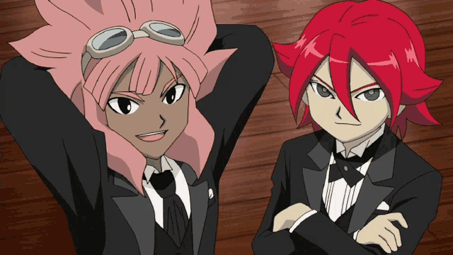 two cartoon characters are standing next to each other with one wearing goggles