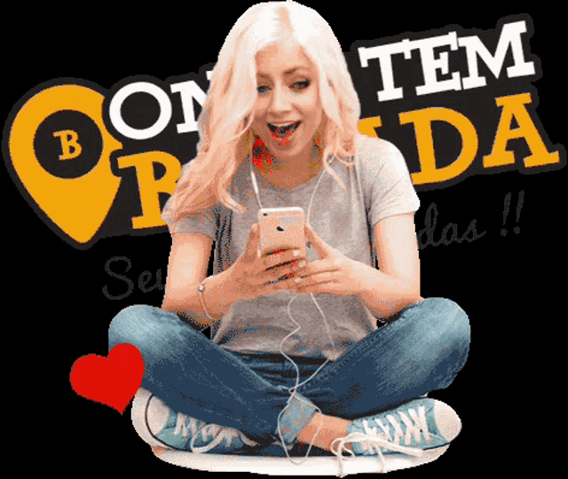 a woman is sitting with her legs crossed and looking at her phone in front of a sign that says contem pada