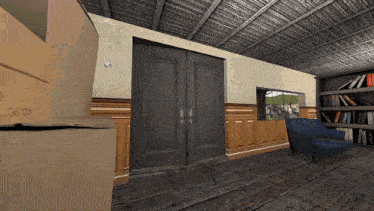 a computer generated image of a living room with a blue chair and a cardboard box that says ' a ' on it