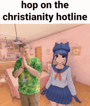 a man in a green shirt is praying next to a girl in a school uniform