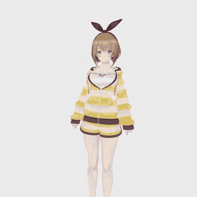 a girl with brown hair and blue eyes is wearing a yellow and black striped shirt