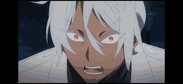 a close up of a person 's face with white hair and red eyes