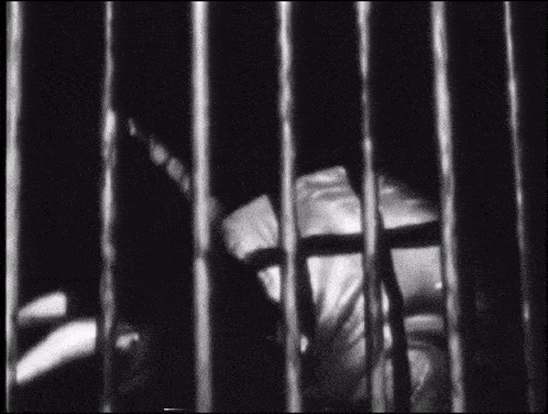 a black and white photo of a man in a cage