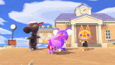 a group of cartoon characters are standing in front of a building with a clock on top of it
