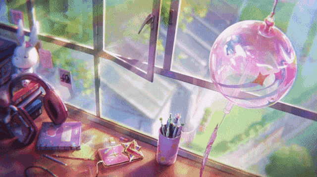 a pink balloon is sitting on a desk in front of a window