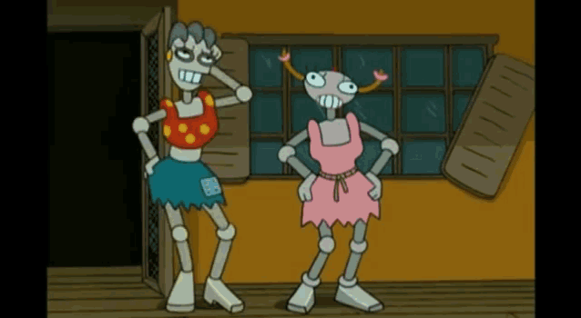 a cartoon of two robots standing next to each other in front of a window