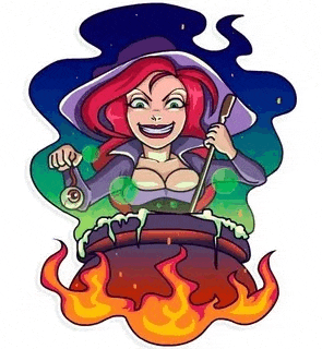 a witch is cooking a potion in a cauldron with a stick .