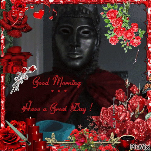 a picture of a statue with the words good morning have a great day written on it