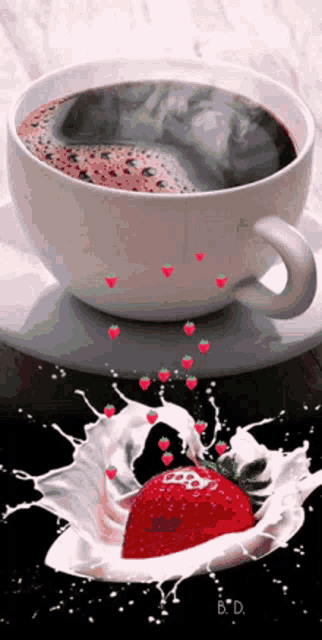 a cup of coffee with a strawberry and a splash of milk .