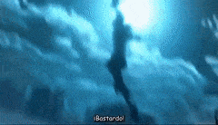 a silhouette of a person standing in the clouds with the words bastard on the bottom right