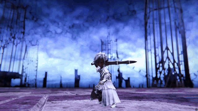 a girl in a white dress is holding a sword in a video game