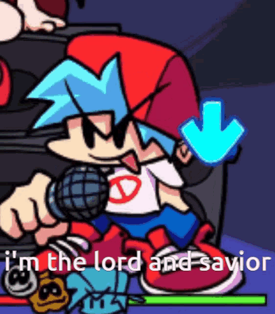 a cartoon character is singing into a microphone with the words `` i 'm the lord and savior '' .