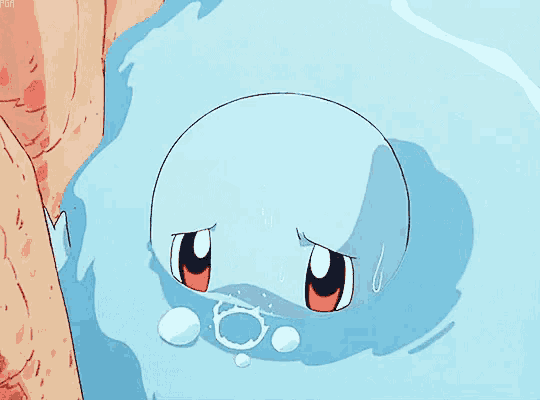 a blue cartoon character with red eyes and sweat coming out of it 's nose