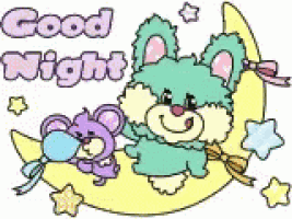 a cartoon of a teddy bear sitting on a crescent moon with the words `` good night '' .