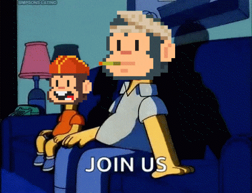a cartoon of a man and a boy sitting on a couch with the words join us written below them