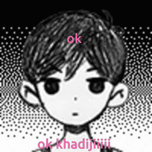 a black and white drawing of a boy with the words ok khadiii written on the bottom