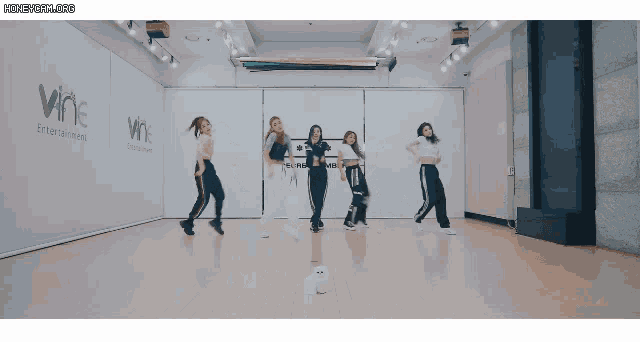 a group of young women are dancing in a dance studio with the words wine entertainment on the wall