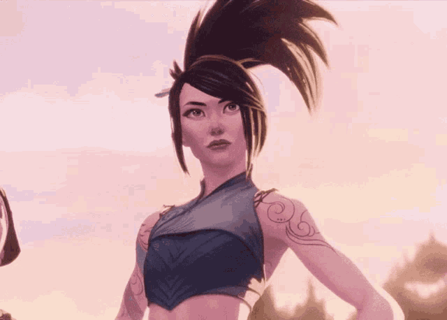 a woman with a tattoo on her arm stands in front of a purple sky