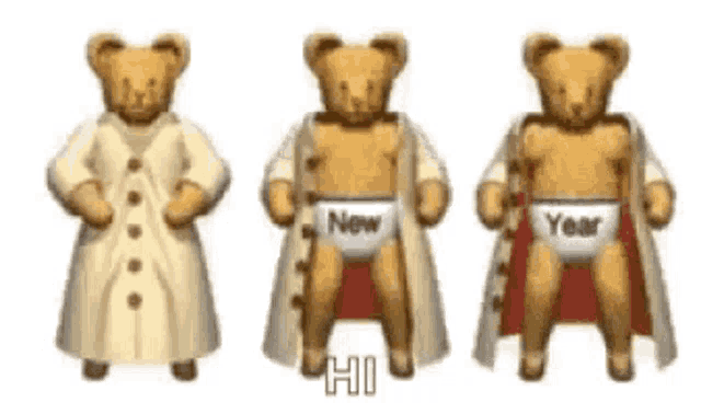 three teddy bears are standing next to each other wearing diapers .