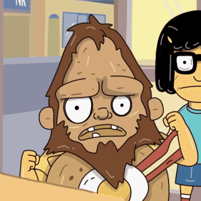 a cartoon character with a beard and glasses stands next to a girl