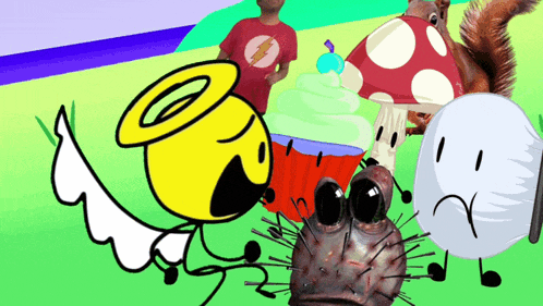 a group of cartoon characters including a cupcake a squirrel and a ball