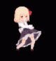 a cartoon girl with blonde hair and a red bow on her head is sitting on the floor .