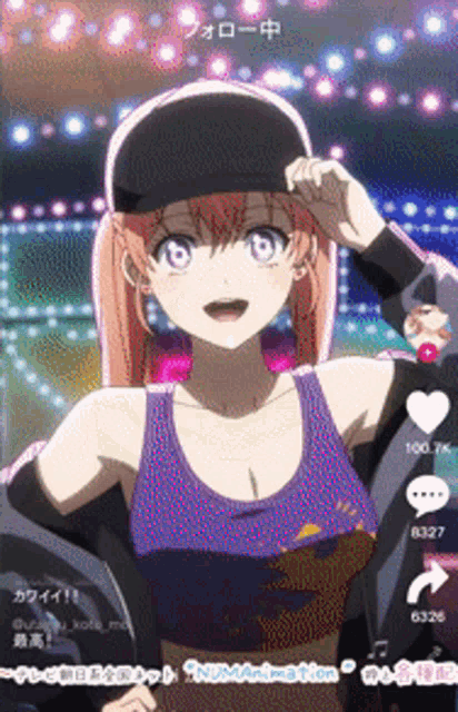 a cartoon girl wearing a hat and a purple tank top is standing on a stage