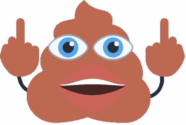 a cartoon illustration of a poop wearing sunglasses and making a middle finger gesture