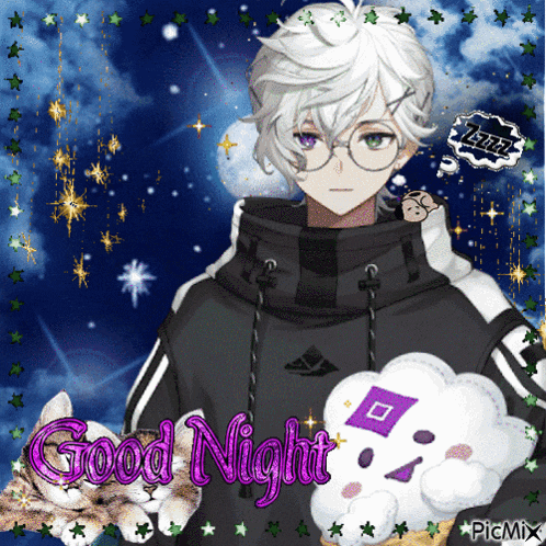 a picture of a boy holding a stuffed animal with the words good night written on it